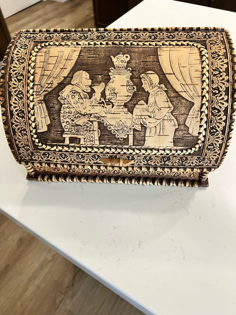 Hand carved Russian Birch Bark Bread Box